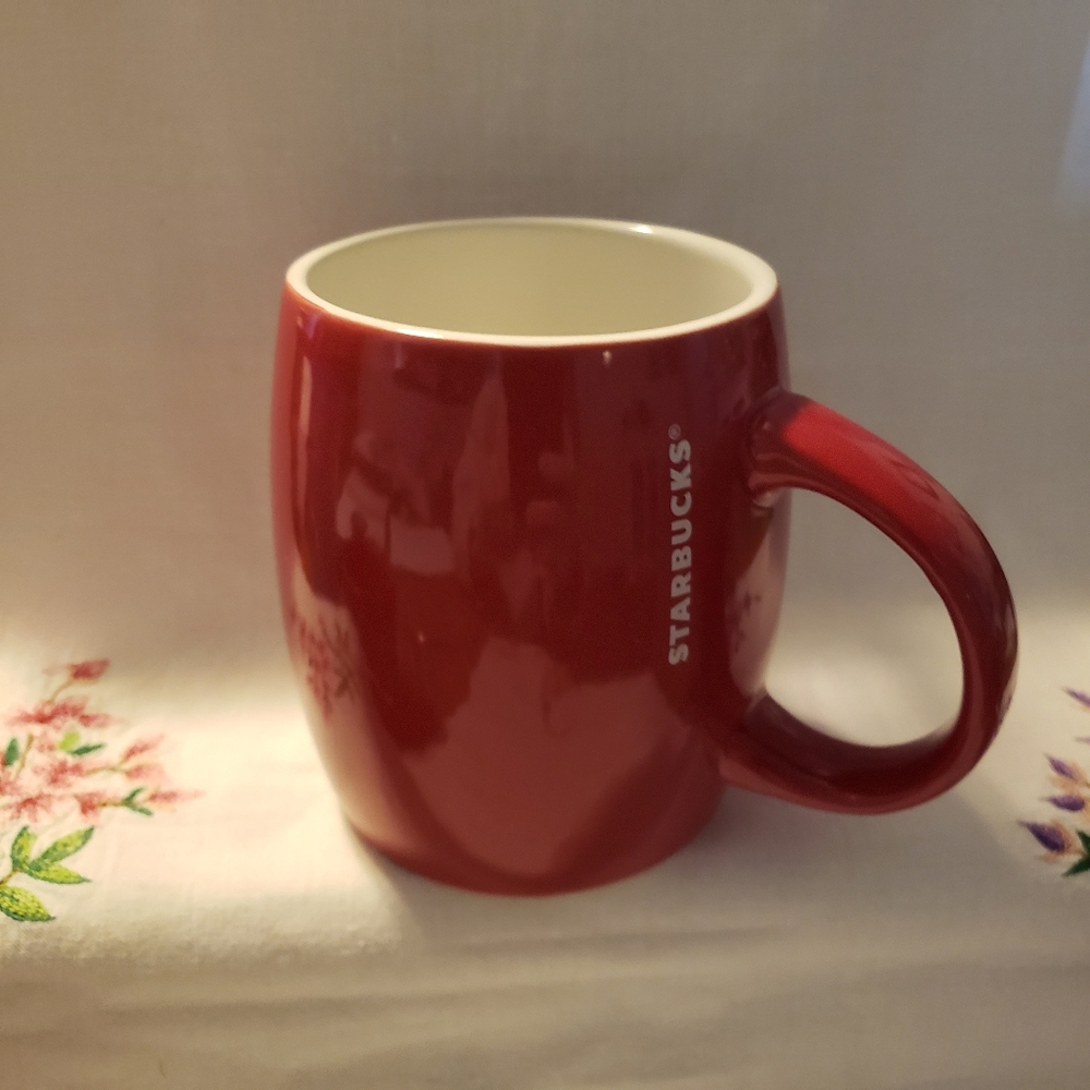 2011 Starbucks Red Barrel Shaped Mug With White Vertical Text 14 Ounces